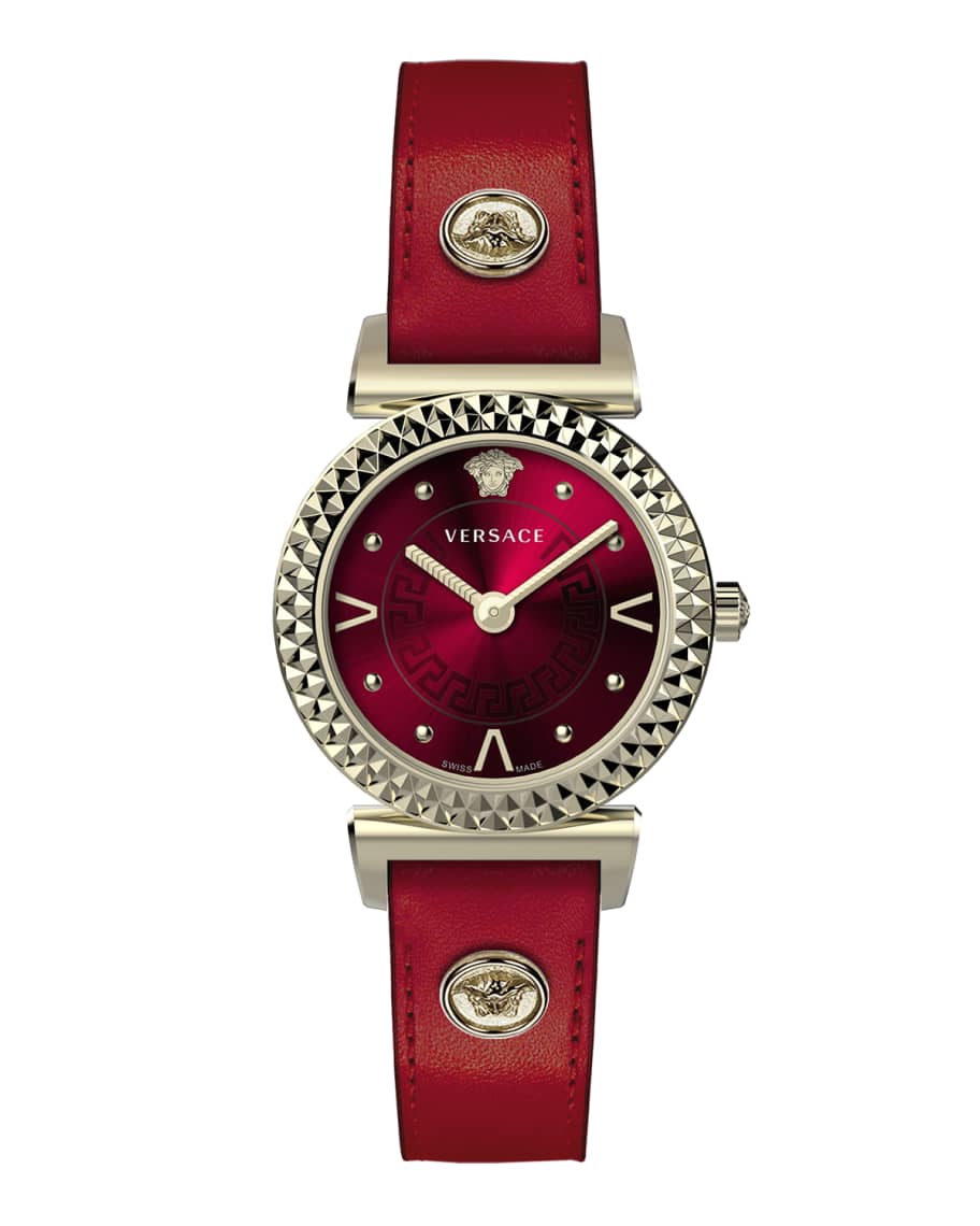 Versace Mini Vanity Watch w/ Leather Strap, Gold/Red | Neiman Marcus