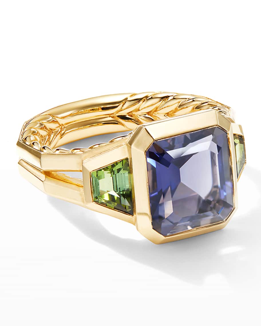 David Yurman Novella 18k 3 Stone Ring w Iolite Green Tourmaline Size 7 Neiman Marcus