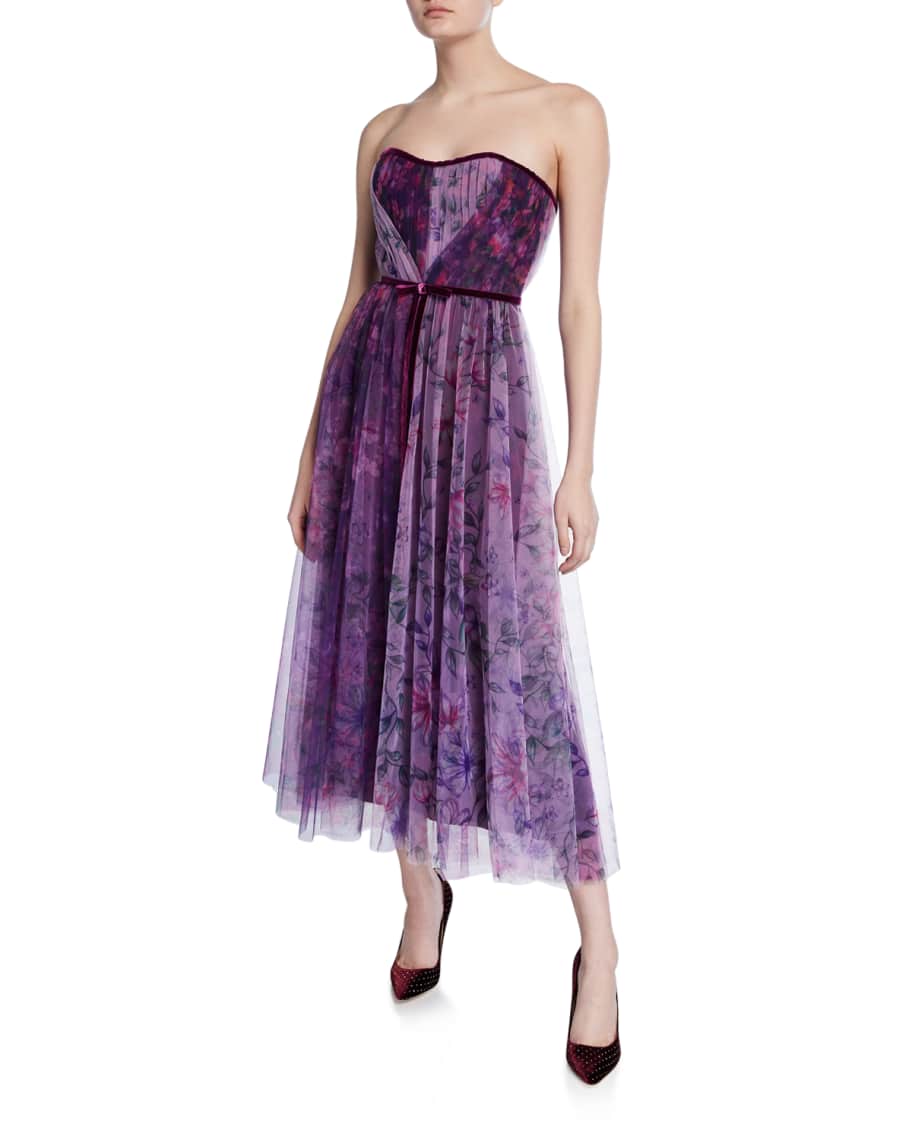 Marchesa Notte Floral Colorblock Strapless Sweetheart Tea-Length Tulle ...