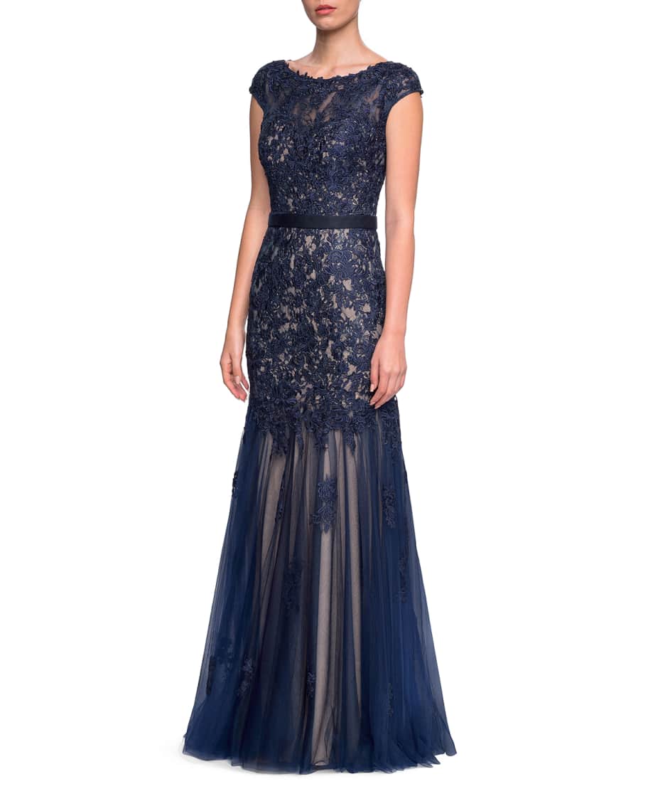 La Femme Bateau-Neck Cap-Sleeve Lace Gown w/ Belted Waist | Neiman Marcus