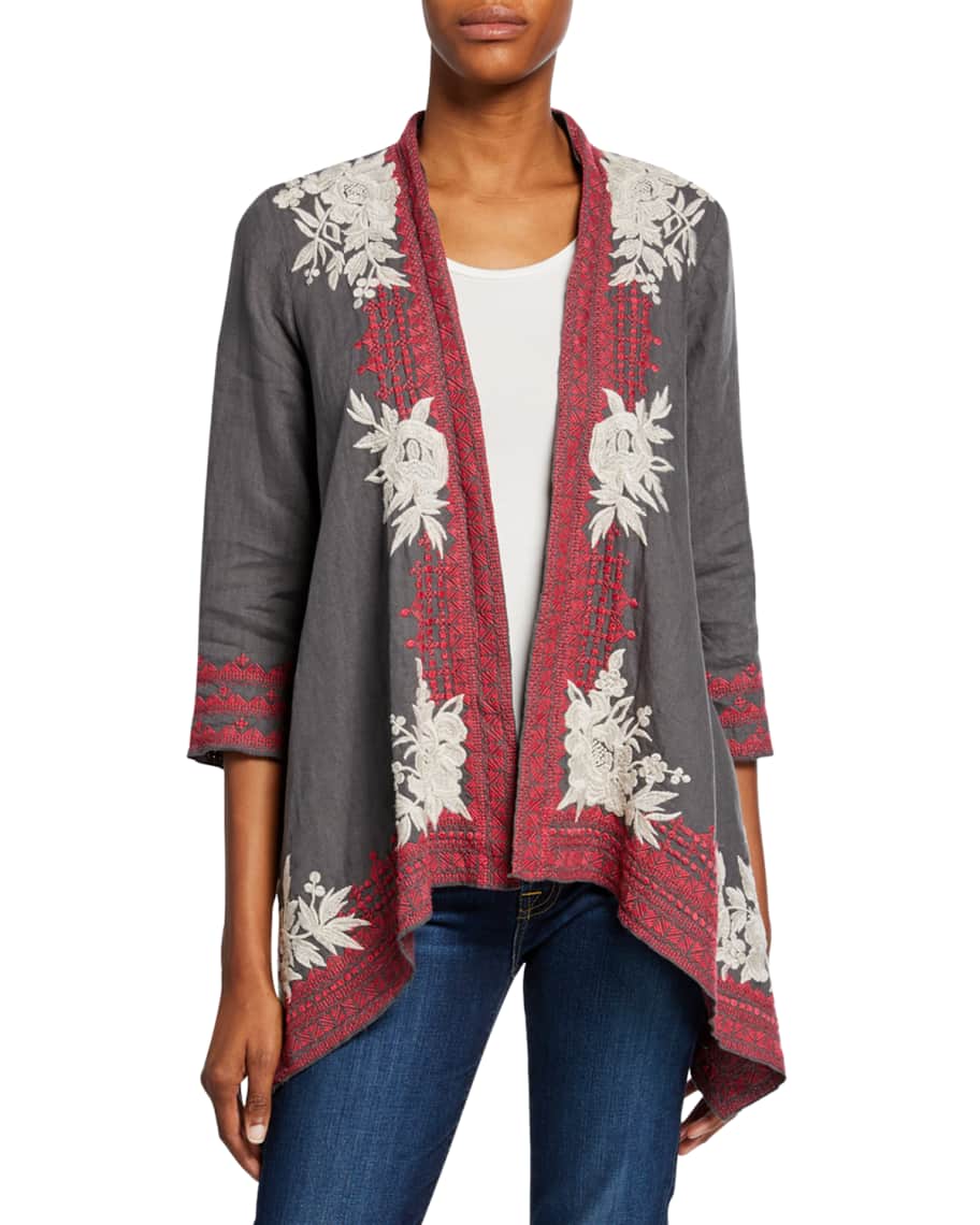 Johnny Was Camille Embroidered Draped Linen Cardigan | Neiman Marcus