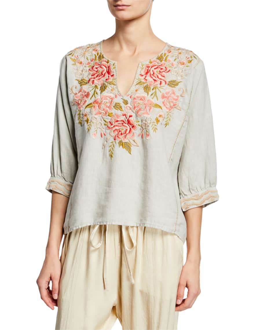 Johnny Was Cecile Floral-Embroidered Boxy Linen Peasant Blouse | Neiman ...