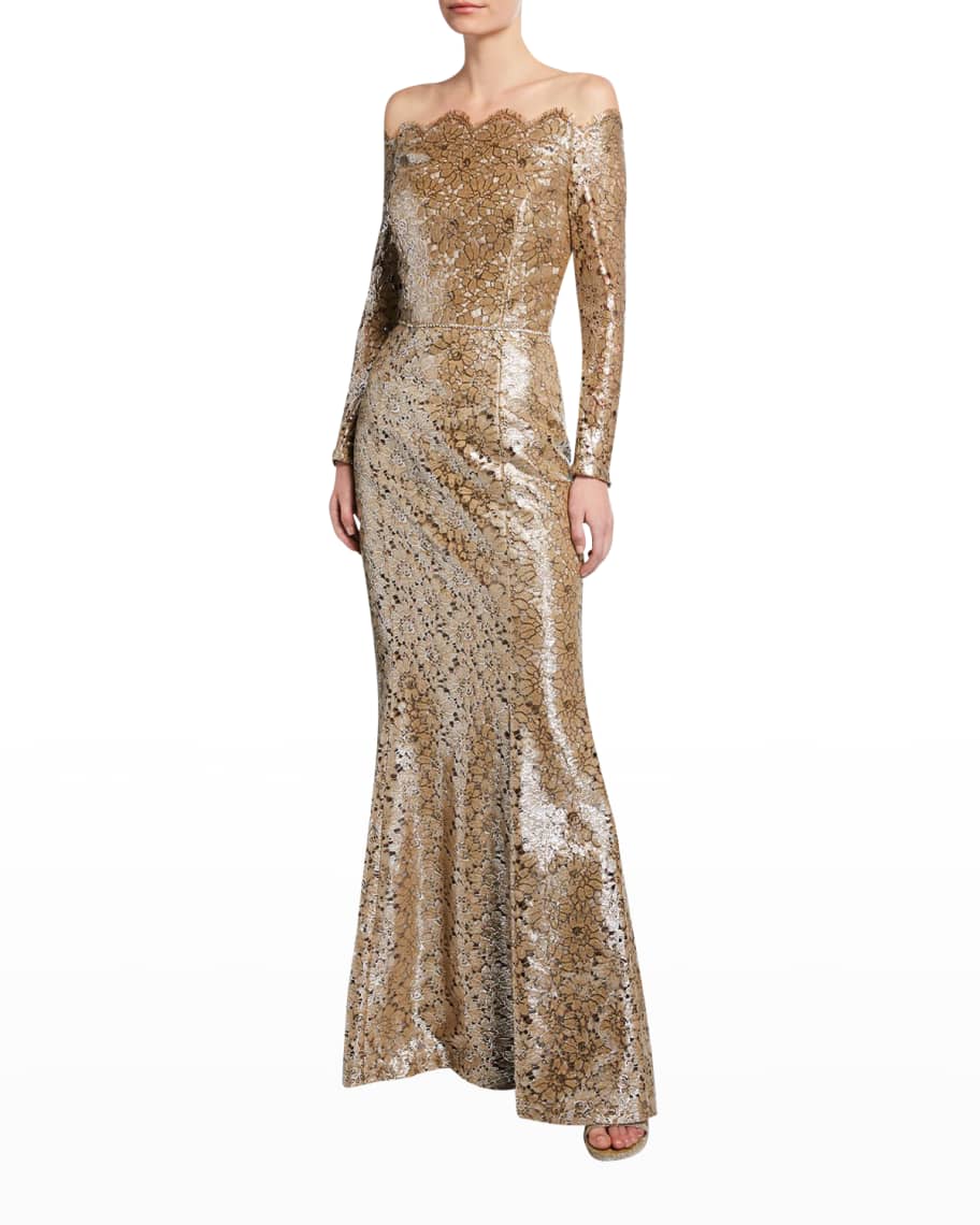 Roland Nivelais Off-the-Shoulder Belted Metallic-Lace Gown | Neiman Marcus