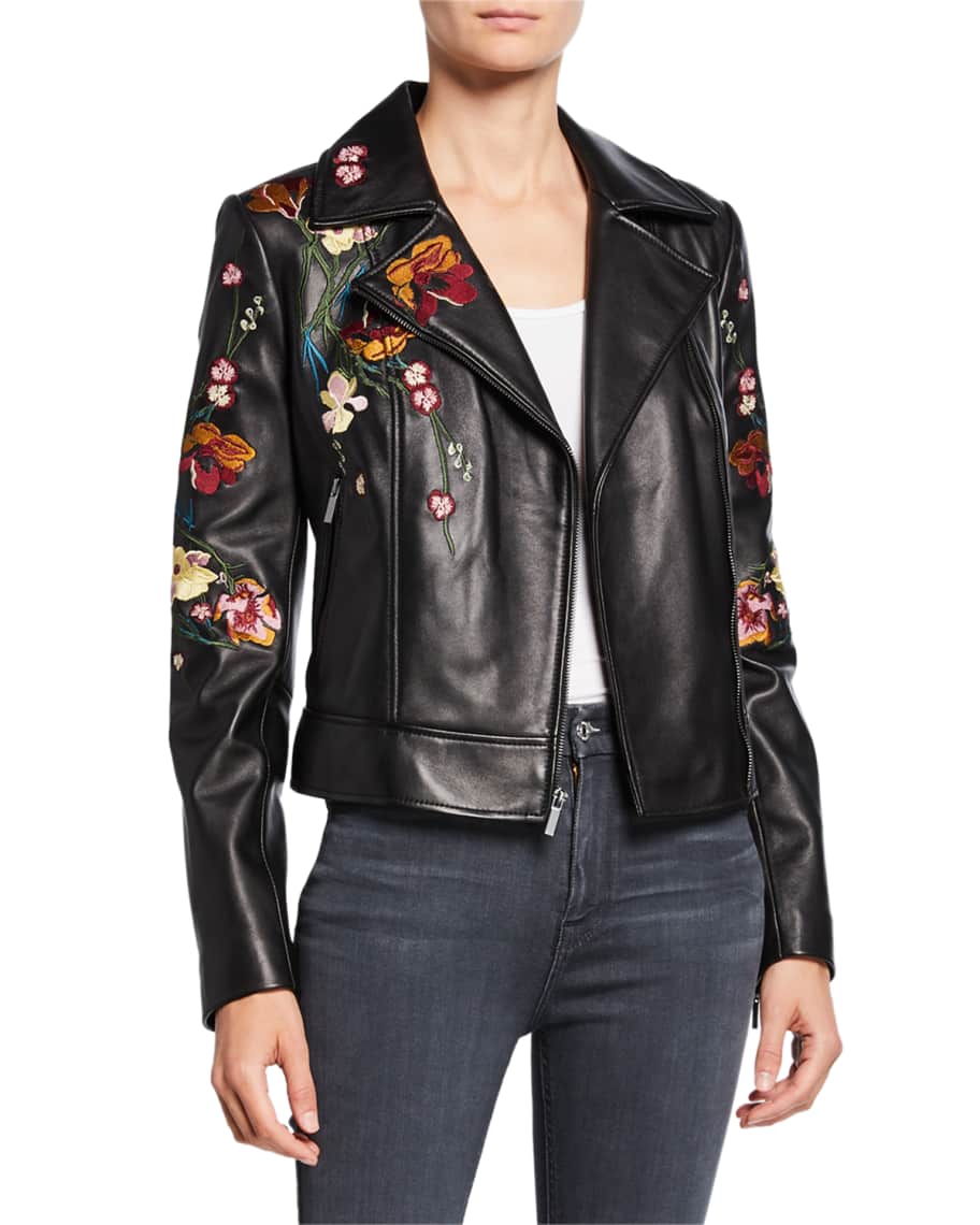 Neiman Marcus Leather Collection Floral Embroidered Leather Moto Jacket