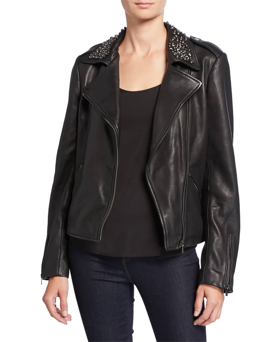 Neiman Marcus Leather Collection Embellished Collar Leather Moto Jacket ...
