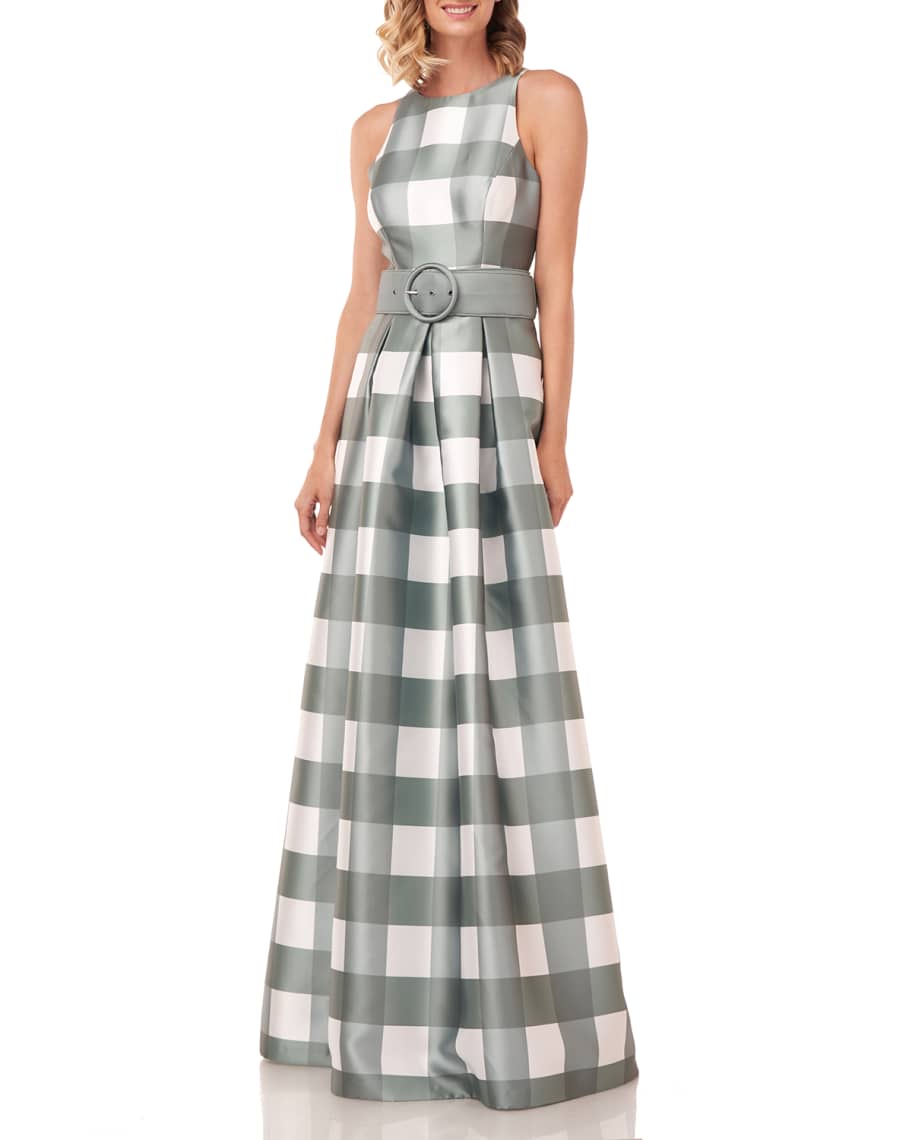 Kay Unger New York Gingham-Printed Sleeveless Mikado Gown w/ Belt ...