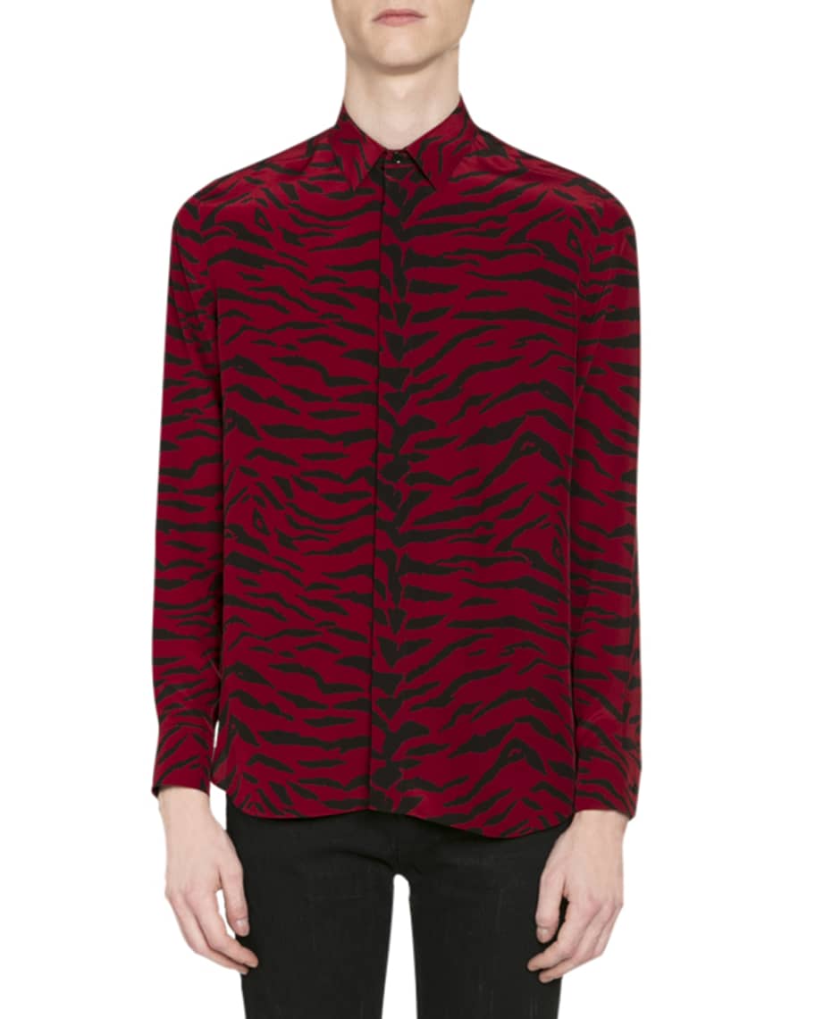 Shop Saint Laurent Tiger Silk Button-Up Shirt