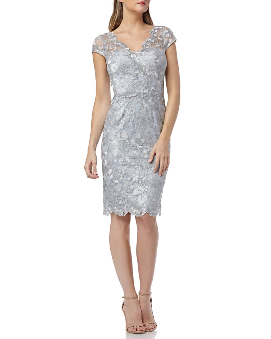Carmen Marc Valvo Infusion Metallic Embroidered V Neck Cap Sleeve Cocktail Dress Neiman Marcus