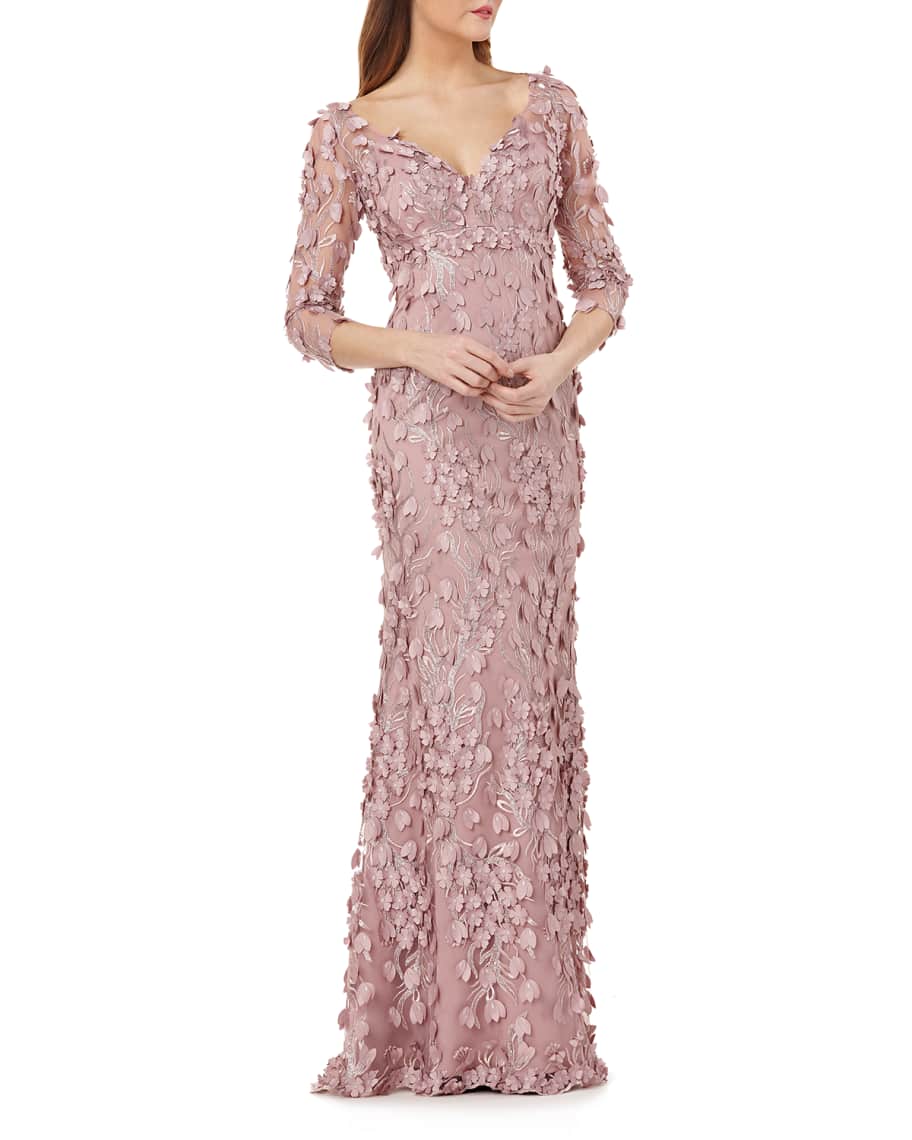 Carmen Marc Valvo Infusion V Neck 3 4 Sleeve 3D Petal Embellished