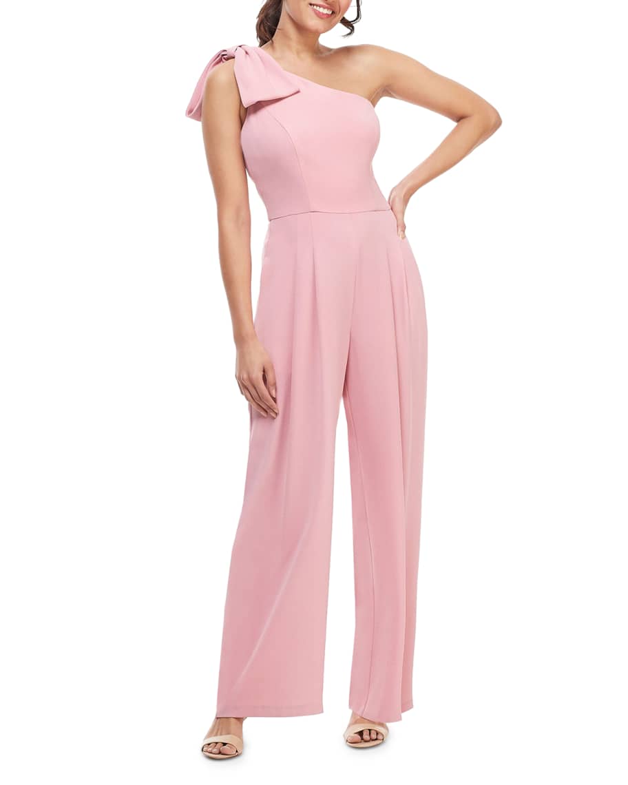 Gal Meets Glam Collection One-Shoulder Sleeveless Crepe Jumpsuit w/ Bow ...
