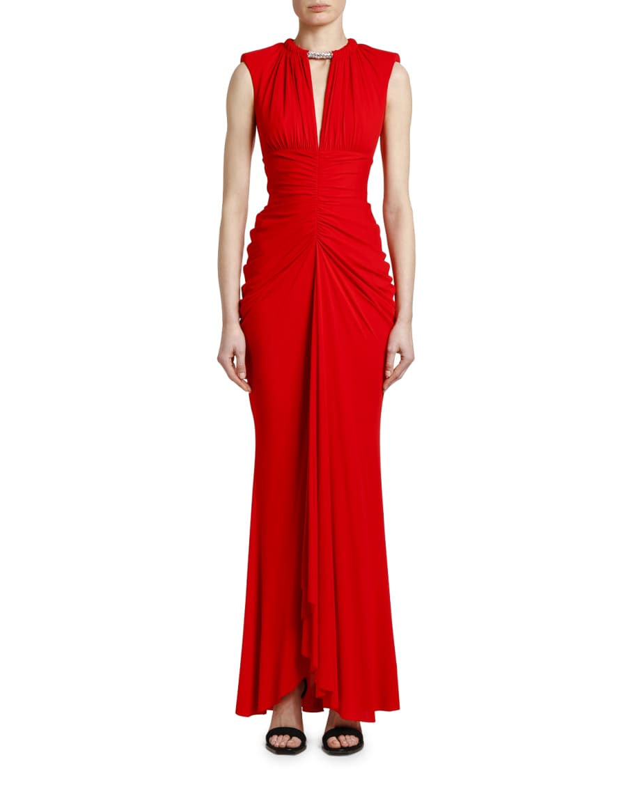 Alexander McQueen Ruched Crystal-Neck Jersey Gown | Neiman Marcus