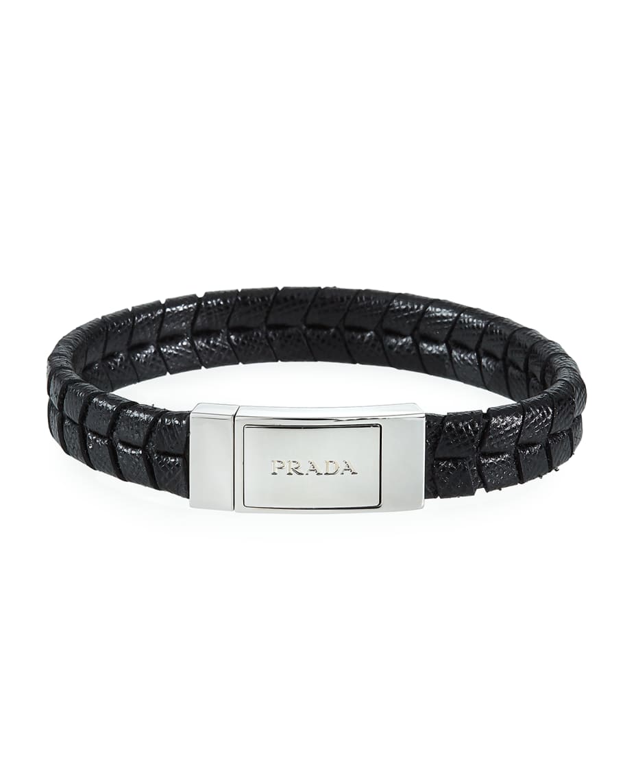 Prada Men's Two-Row Saffiano Leather Logo Bracelet | Neiman Marcus
