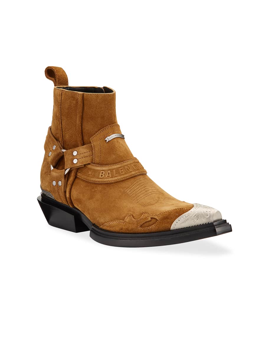 Balenciaga Men s Santiag Western Harness Suede Booties Neiman Marcus