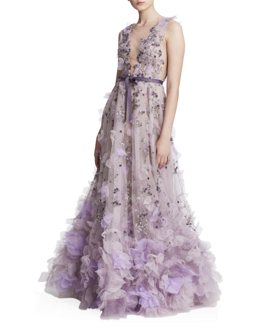 Marchesa Tulle Plunging V-Neck Gown | Neiman Marcus