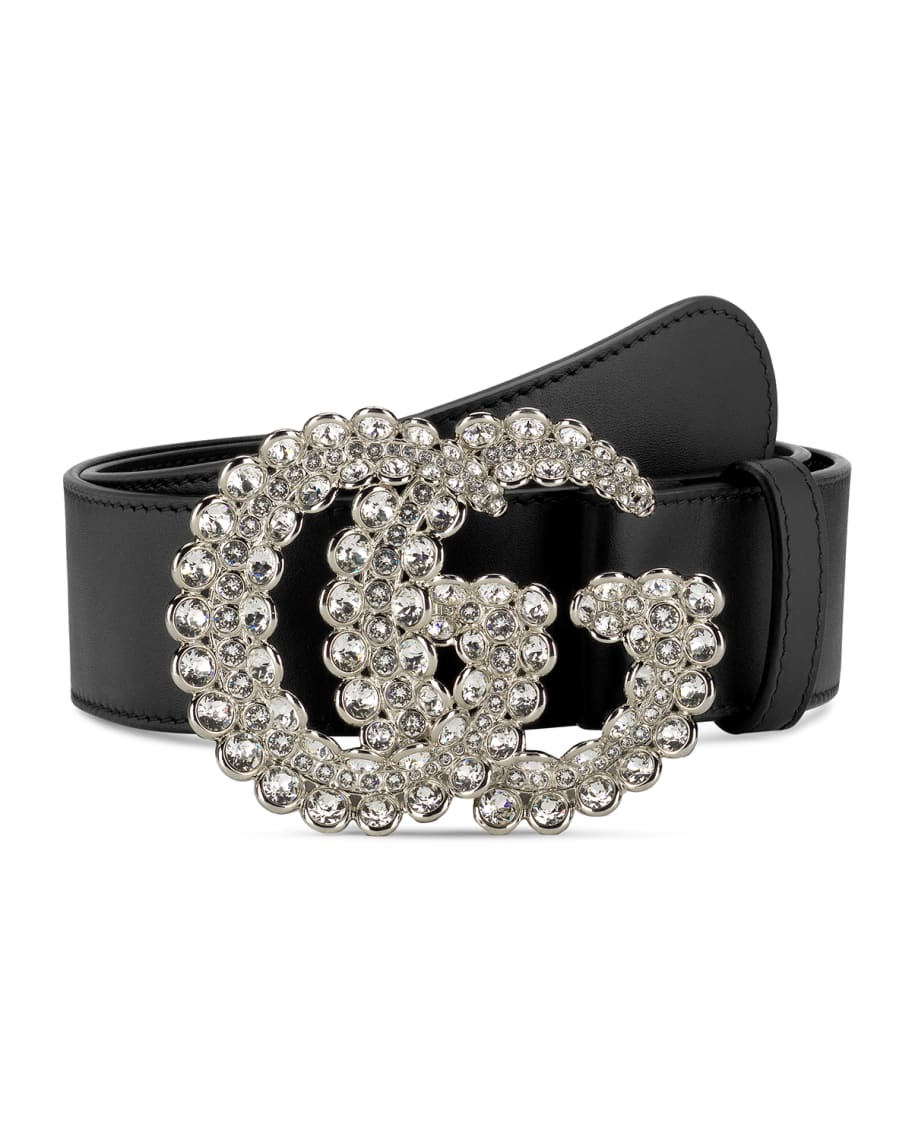 Leather belt with crystal Double G buckle