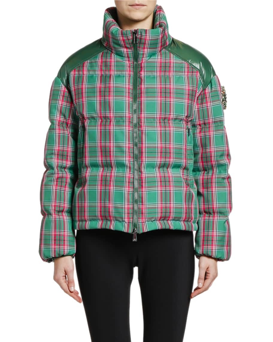 Moncler Chou Plaid Puffer Jacket w/ Contrast Shoulders | Neiman Marcus