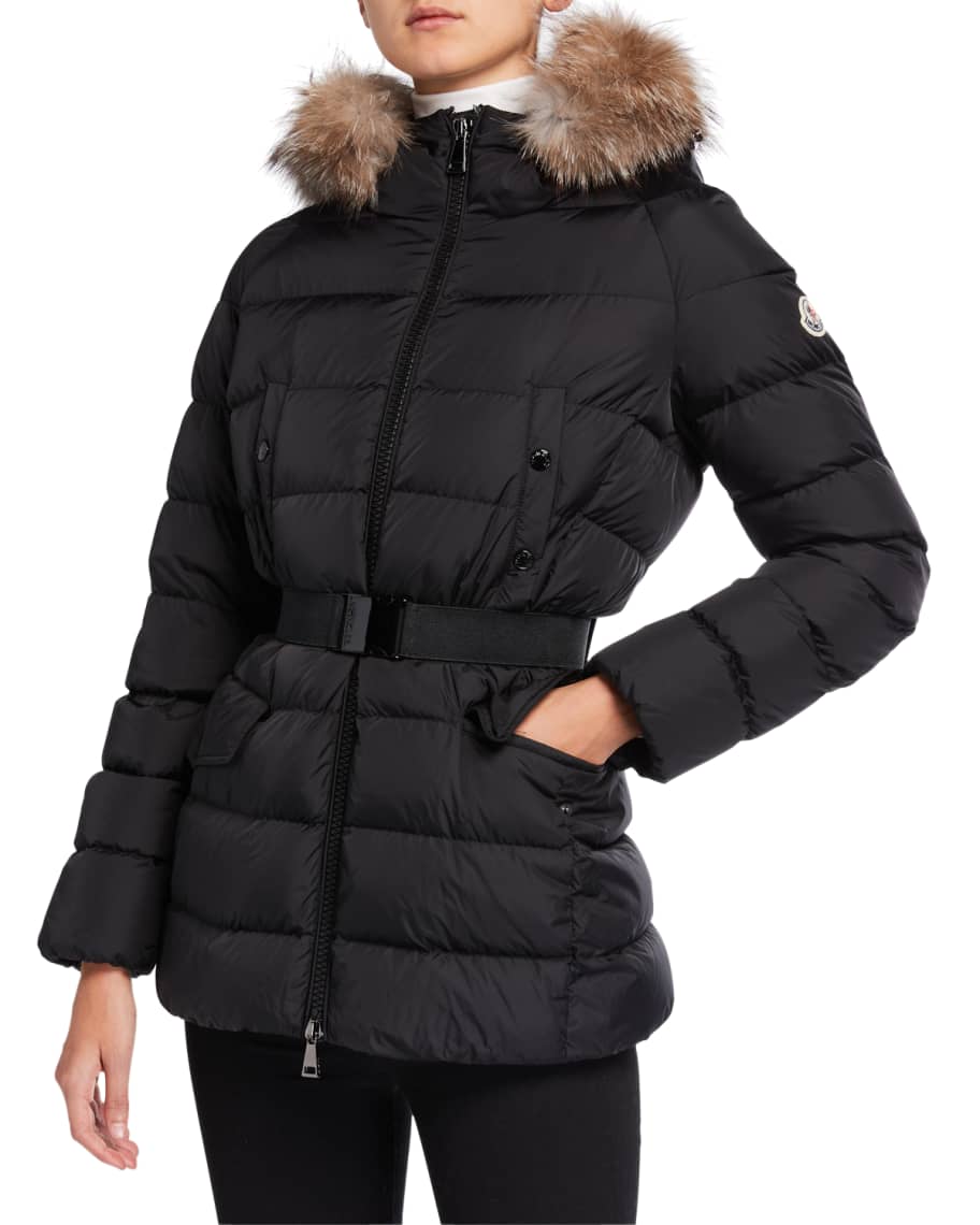 Moncler Clion Belted Puffer Jacket w/ Fur Hood | Neiman Marcus