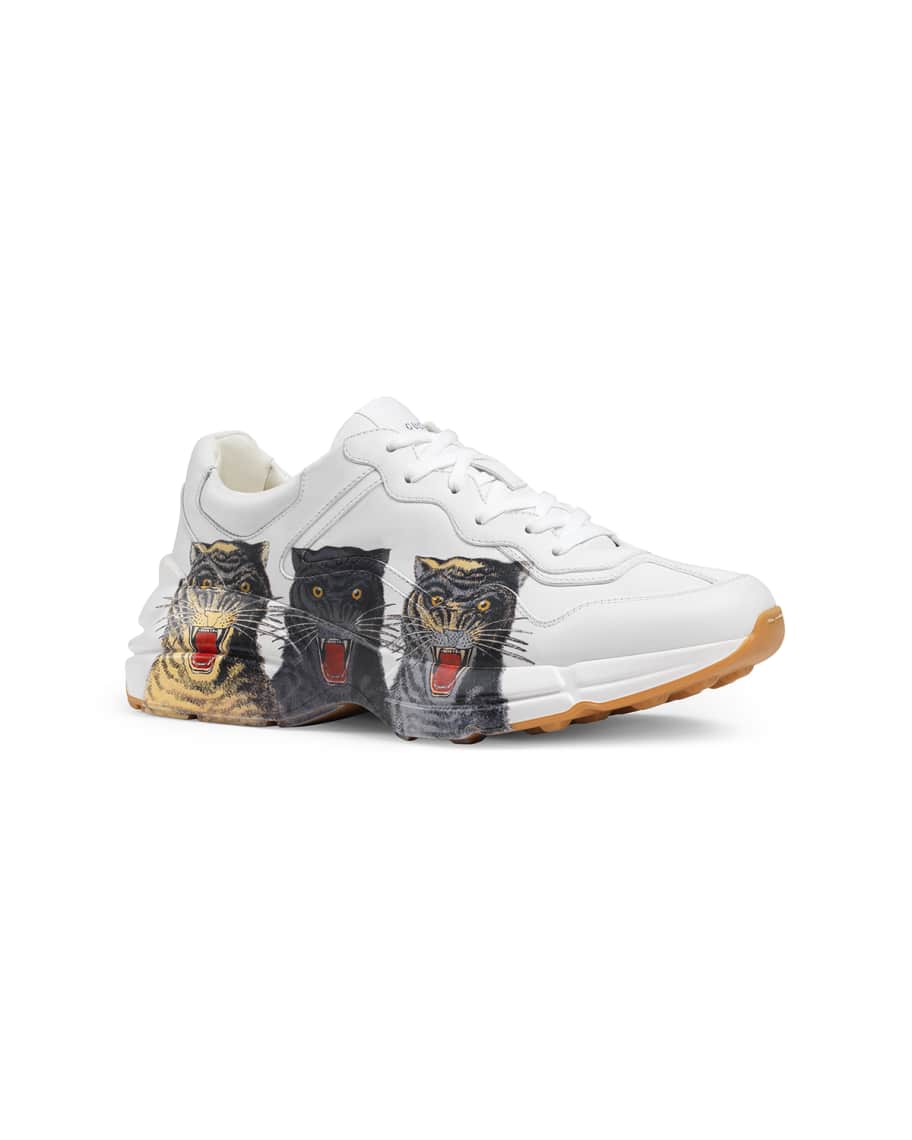 Gucci Men's Rhyton Tiger-Print Leather Dad Sneakers | Neiman Marcus