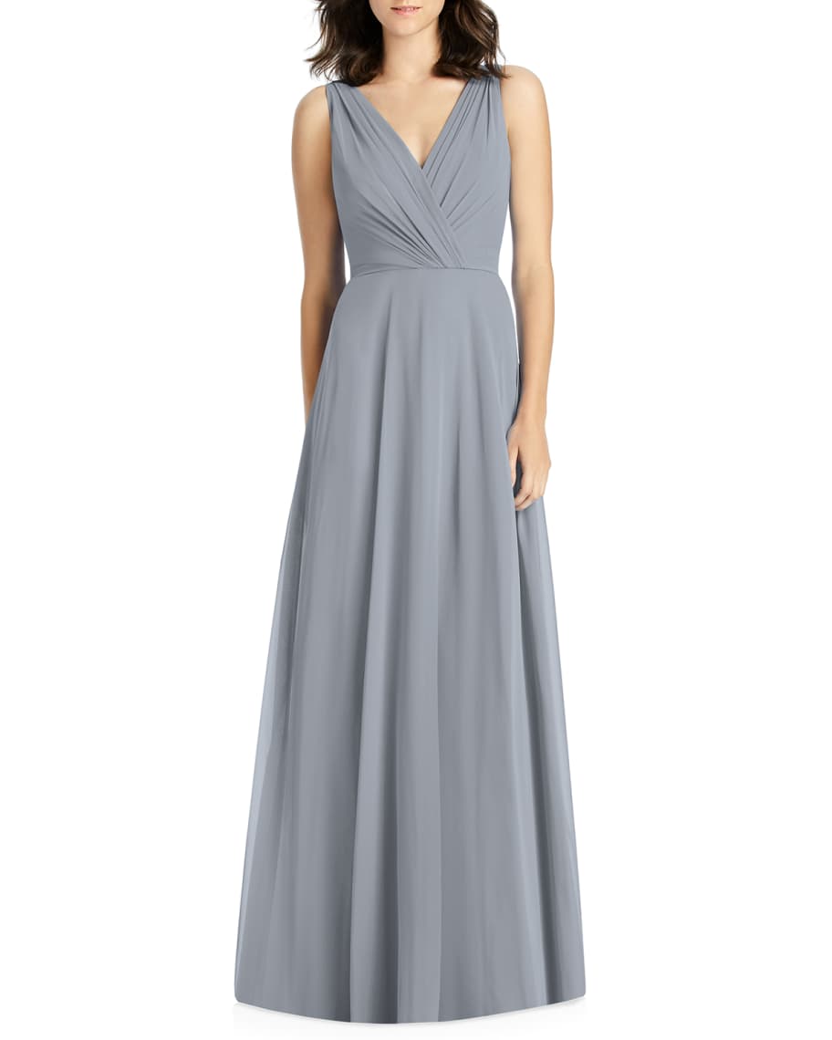 Jenny Packham V-Neck Sleeveless A-Line Lux Chiffon Bridesmaid Gown ...
