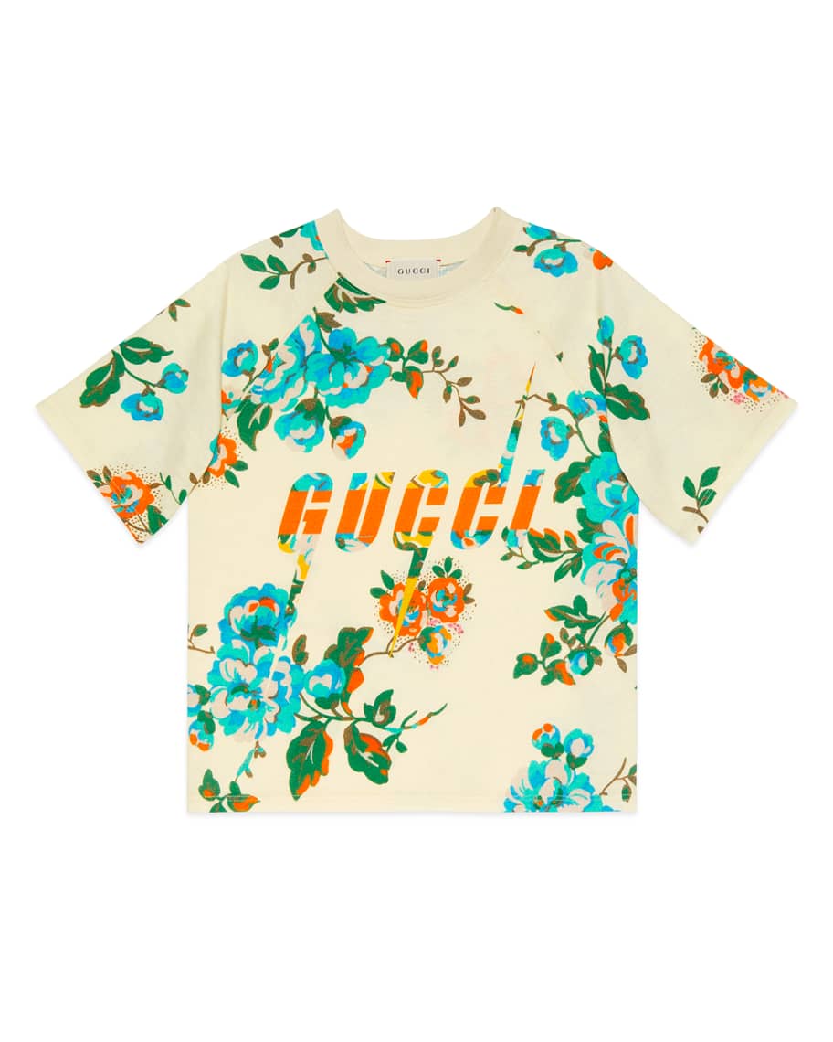 Gucci Floral-Print Logo Short-Sleeve Tee, Size 4-12 | Neiman Marcus