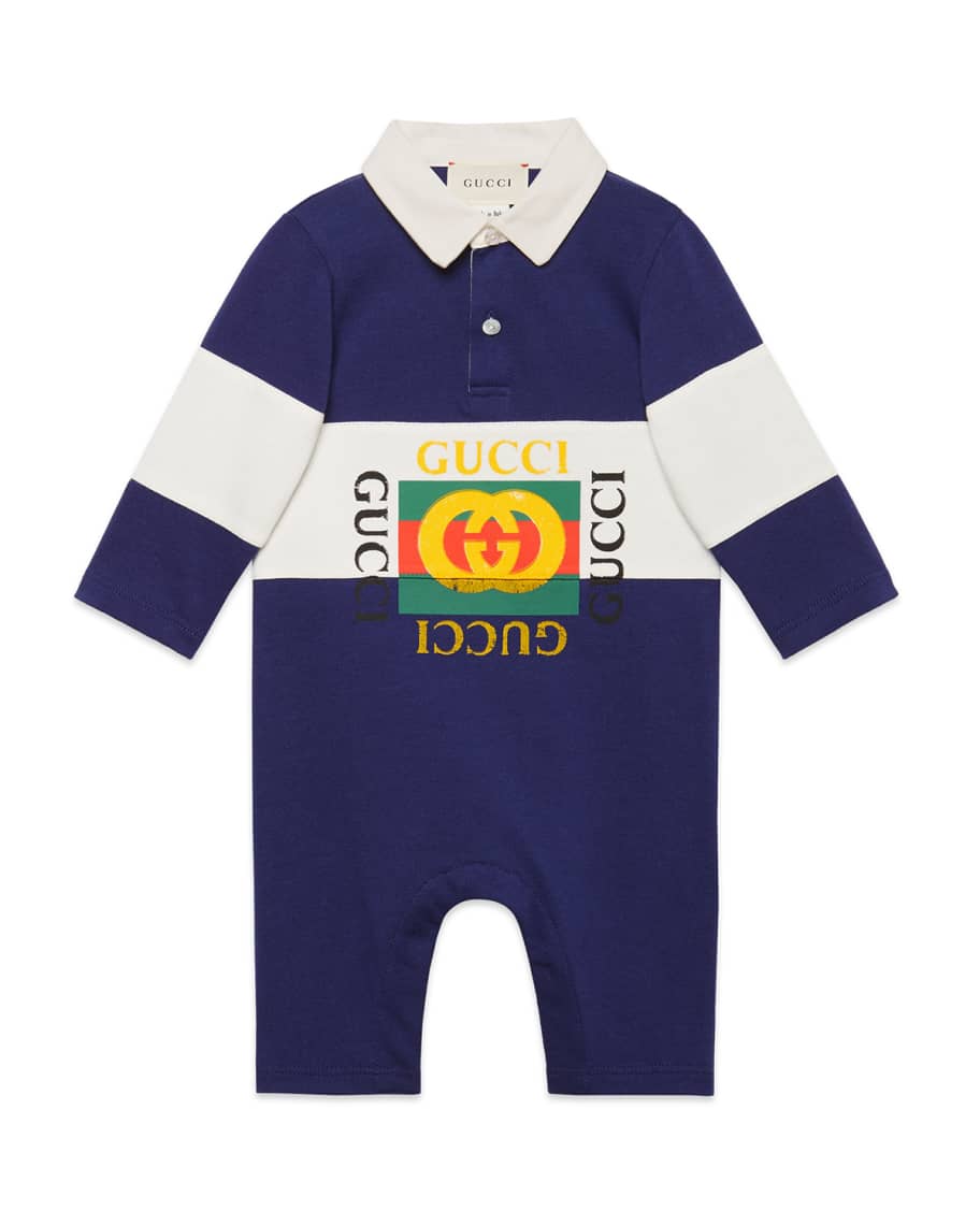 Gucci Rugby Polo Coverall w/ Vintage Logo, Size 3-24 Months | Neiman Marcus