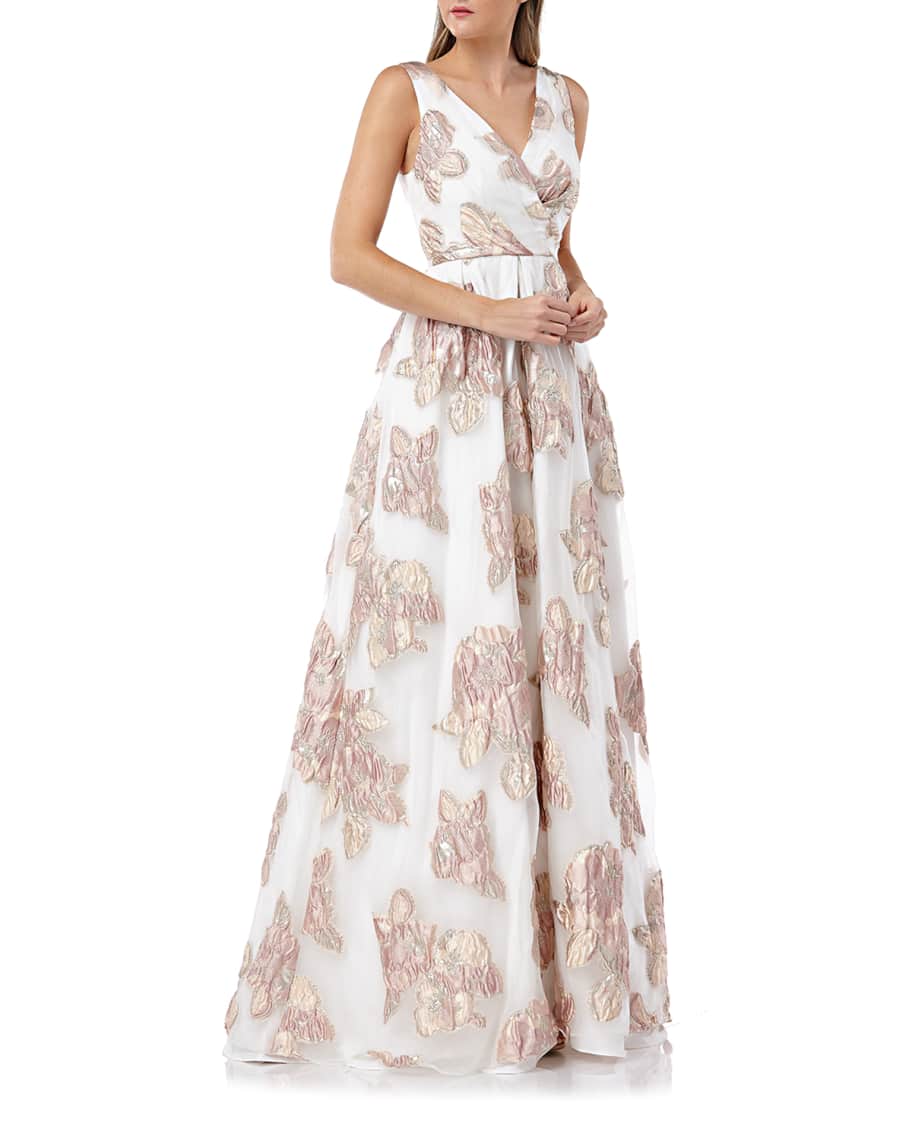 Carmen Marc Valvo Infusion Surplice Metallic Floral Embellished