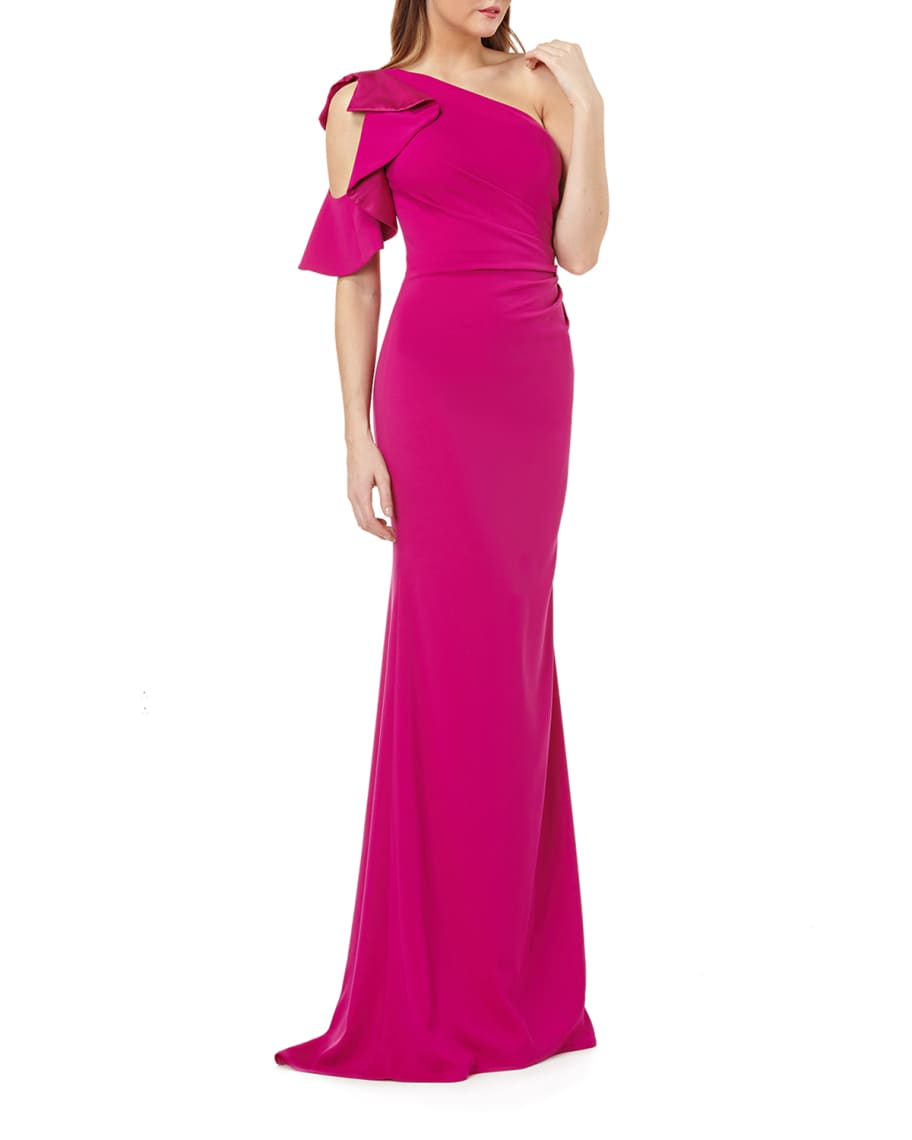 Carmen Marc Valvo Infusion One-Shoulder Asymmetric Ruched Crepe Gown w ...