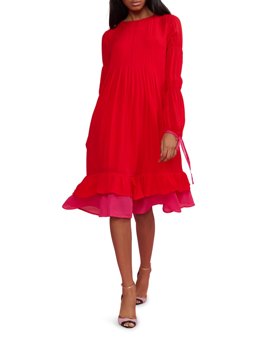 Cynthia Rowley Isa Pintuck Long-Sleeve Ruffle Hem Dress | Neiman Marcus
