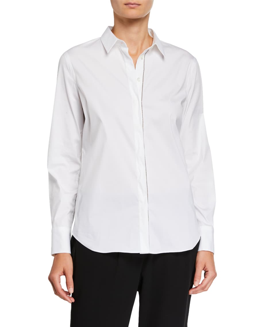 Brunello Cucinelli Monili-Beaded Long-Sleeve Poplin Shirt | Neiman Marcus