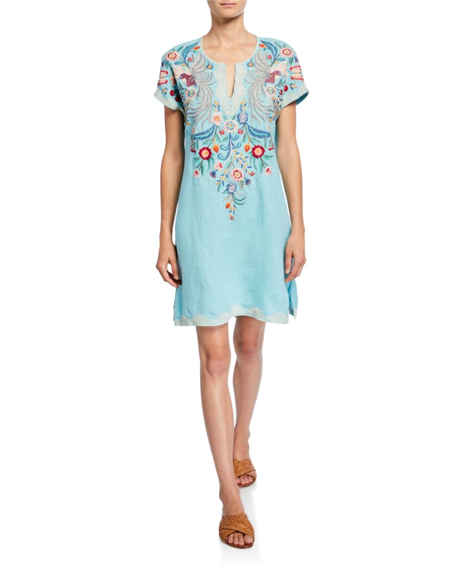Johnny Was Bisous Embroidered Short Sleeve Easy Linen Tunic Dress