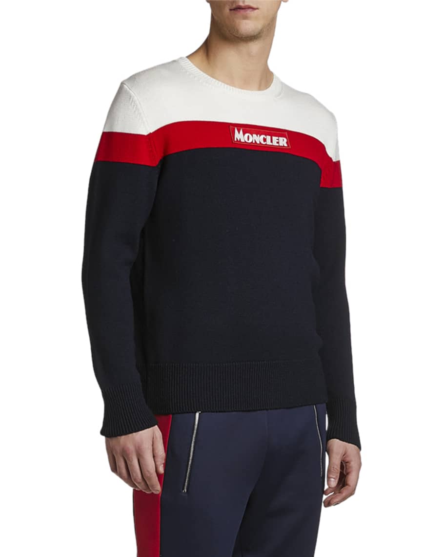 Moncler Men's Colorblock Logo Wool Crewneck Sweater | Neiman Marcus