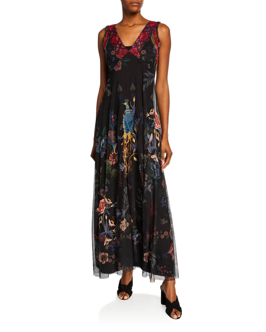Johnny Was Genjy VNeck Sleeveless Embroidered Mesh Maxi Dress Neiman
