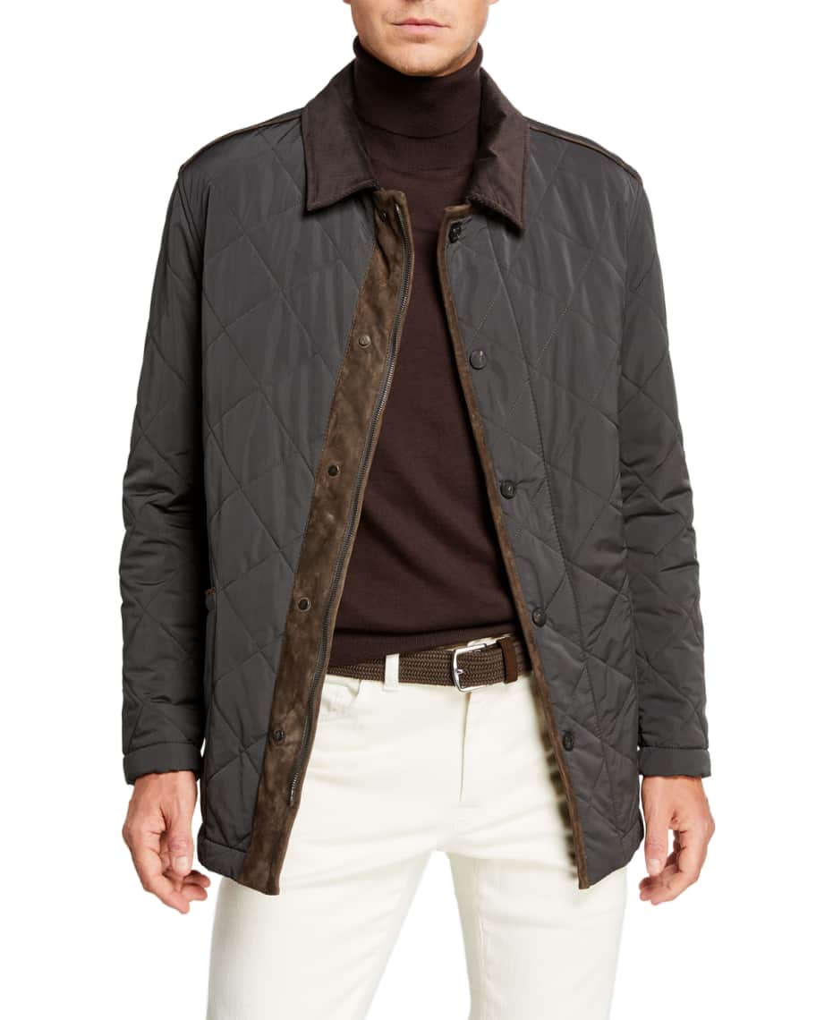 Brioni Men's Suede-Trim Quilted Jacket | Neiman Marcus