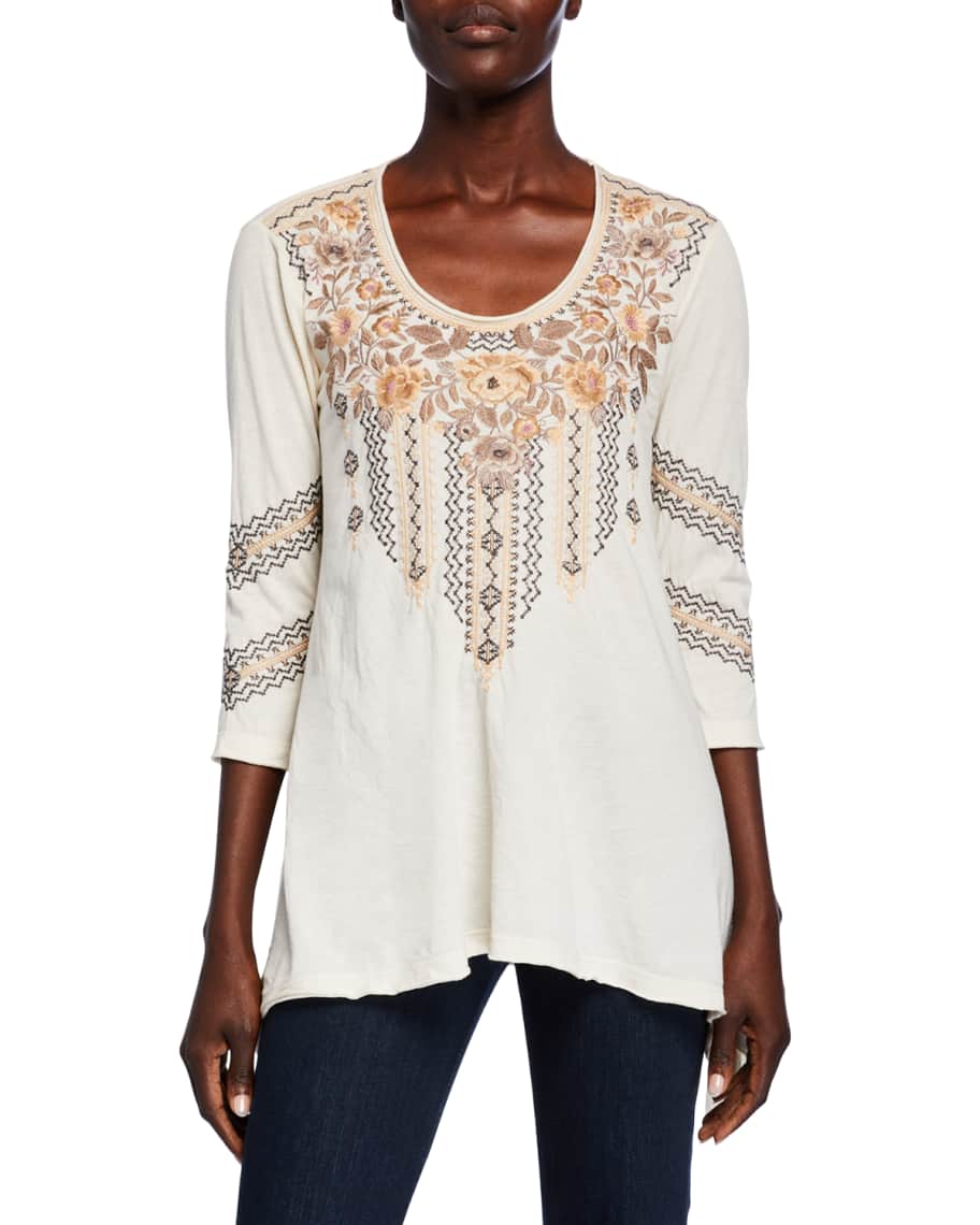 Johnny Was Marushka Embroidered 3 4 Sleeve Trapeze Tee Neiman Marcus
