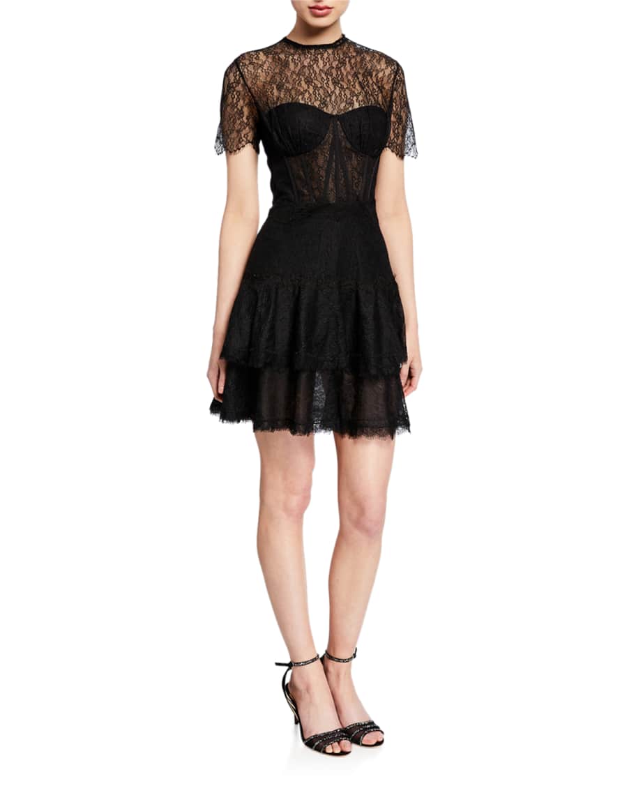 Jonathan Simkhai Mixed Lace Short-Sleeve Bustier Dress | Neiman Marcus