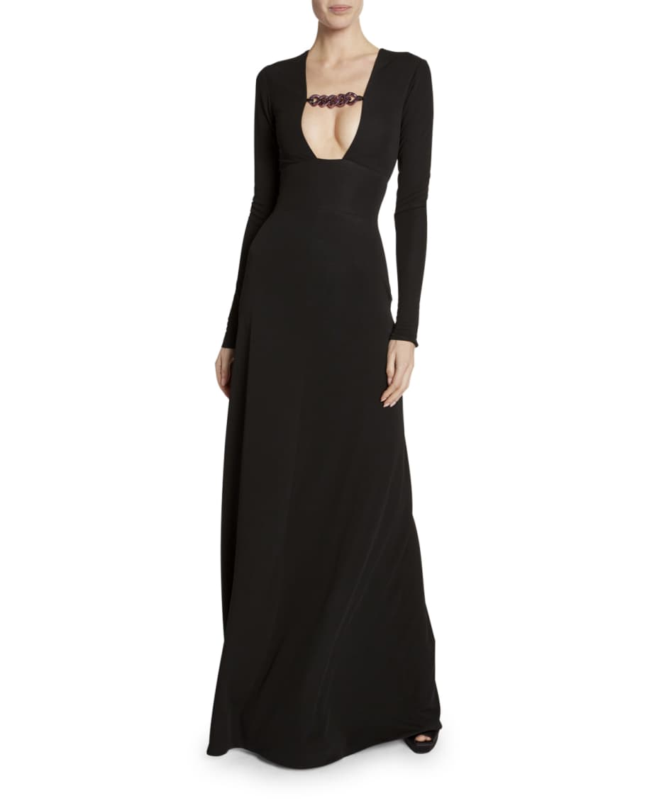 TOM FORD Oversized Chain-Trim Deep V-Neck Gown | Neiman Marcus