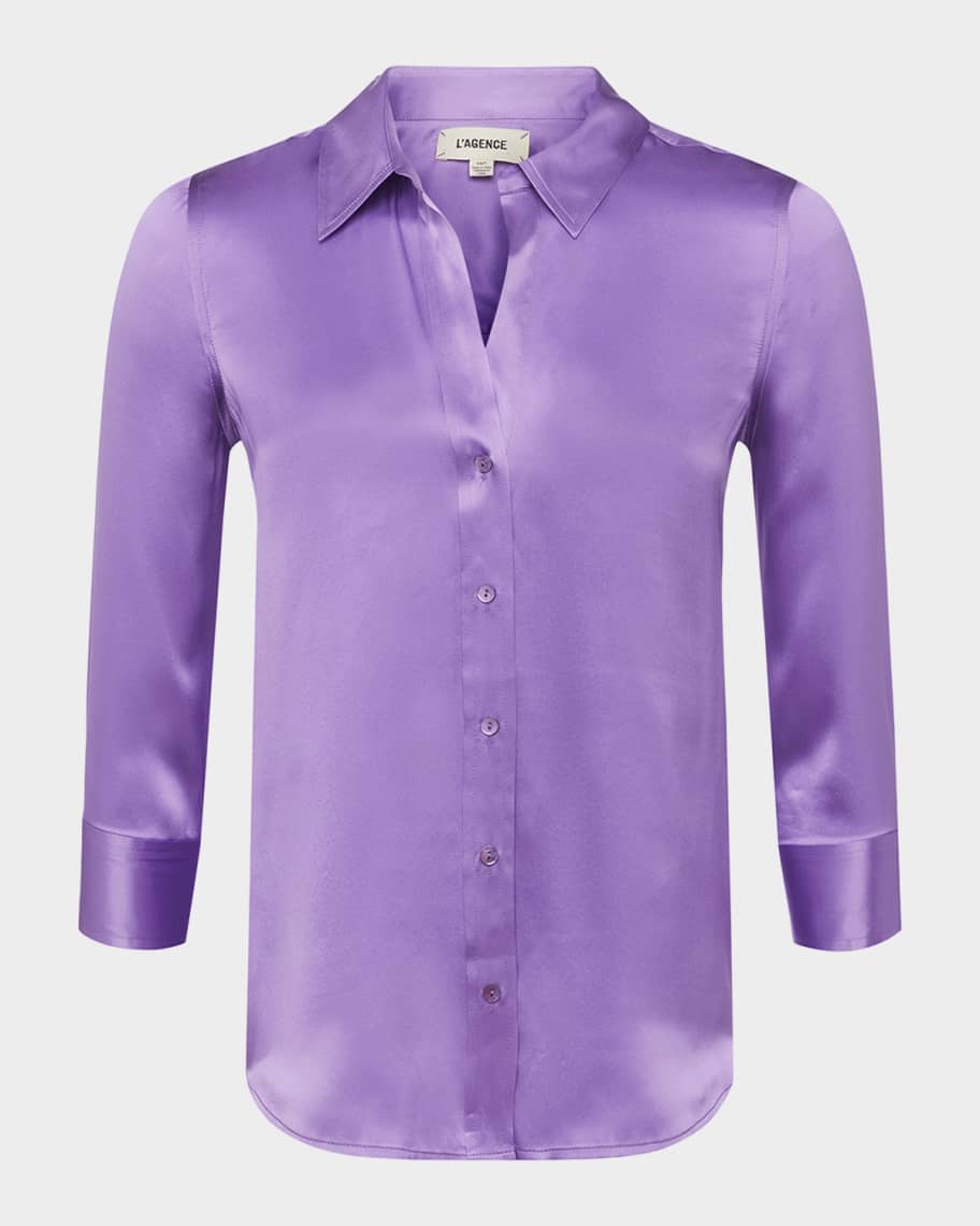 L'Agence Dani Silk Satin 3/4Sleeve ButtonDown Blouse Neiman Marcus