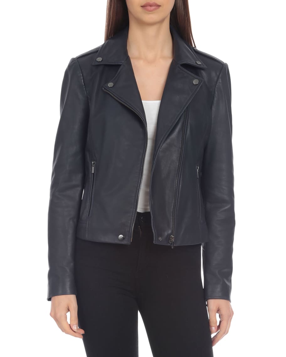 Badgley Mischka Lamb Leather Biker Jacket, Navy | Neiman Marcus