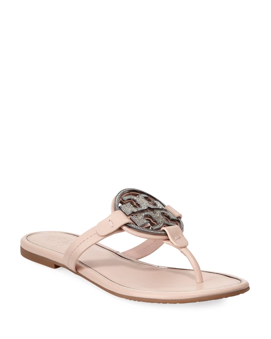 Tory Burch Miller Flat Crystal Logo Slide Sandals | Neiman Marcus