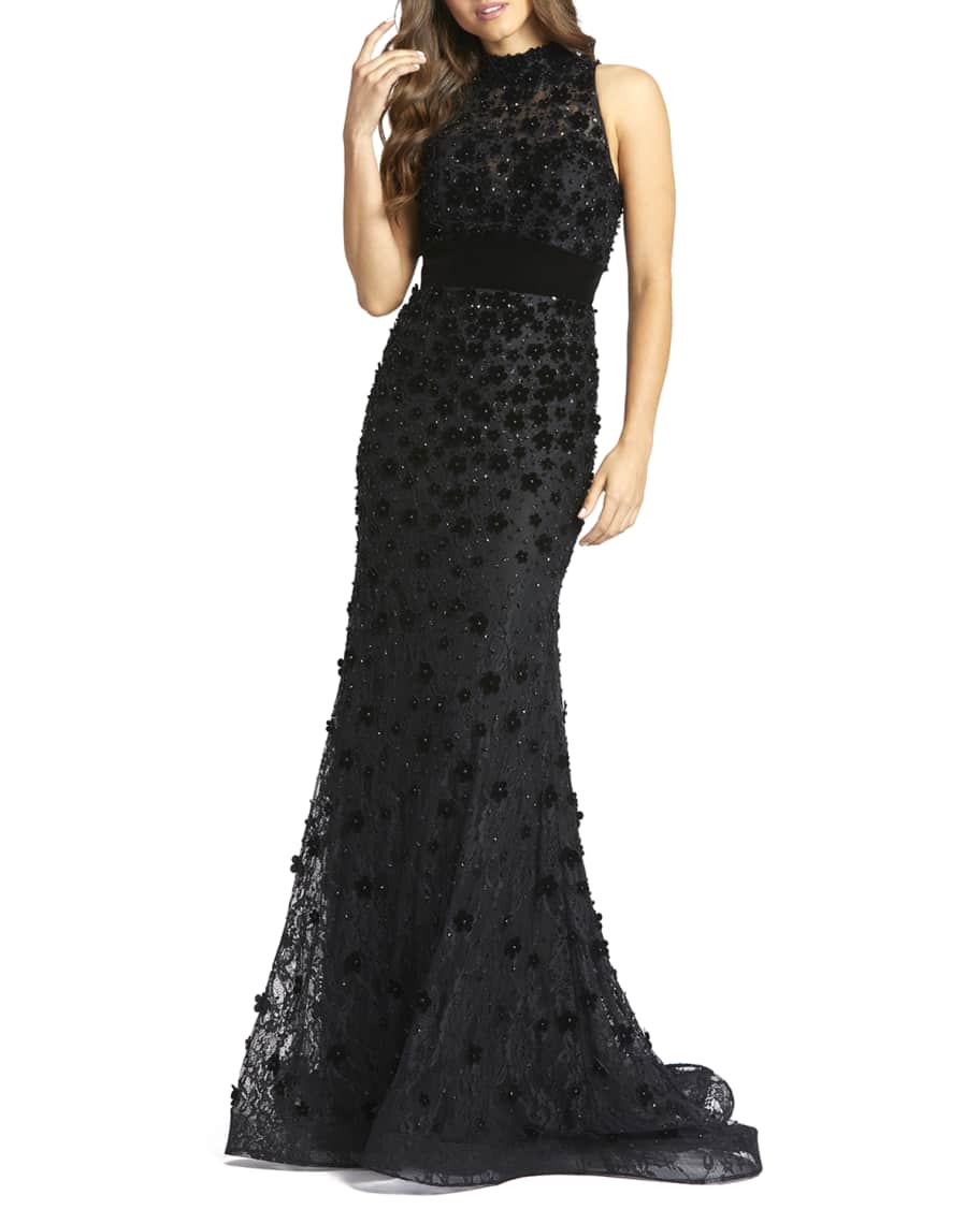 Mac Duggal Mock-Neck Sleeveless Floral Applique Lace Gown | Neiman Marcus