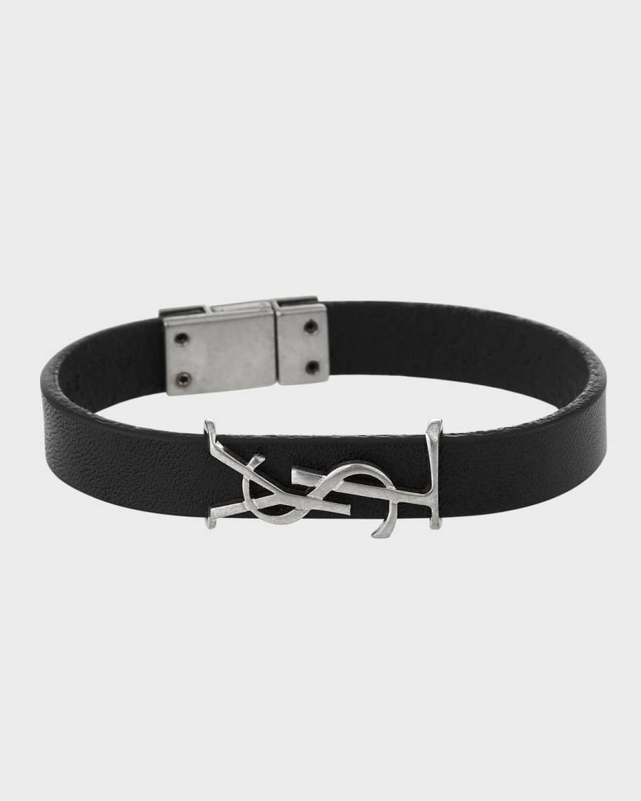 Saint Laurent Leather YSL Monogram Bracelet, Black/Silver | Neiman