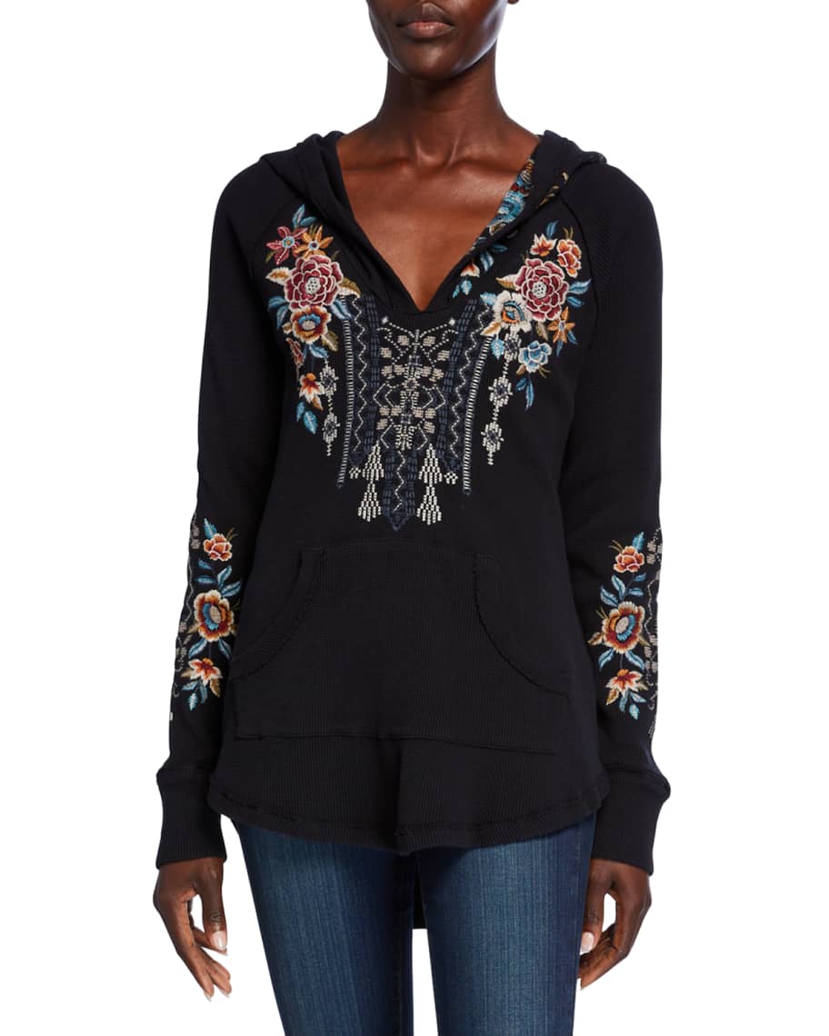 Johnny Was Embroidered Cotton Thermal Sweatshirt, Black | Neiman Marcus