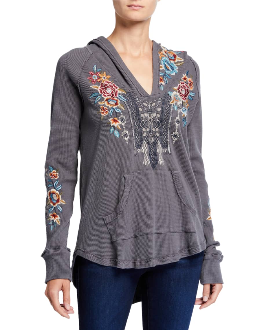 Johnny Was Embroidered Cotton Thermal Sweatshirt, Black | Neiman Marcus