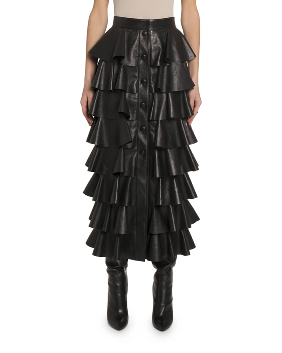 Saint Laurent Ruffle-Tiered Leather Button-Front Skirt | Neiman Marcus