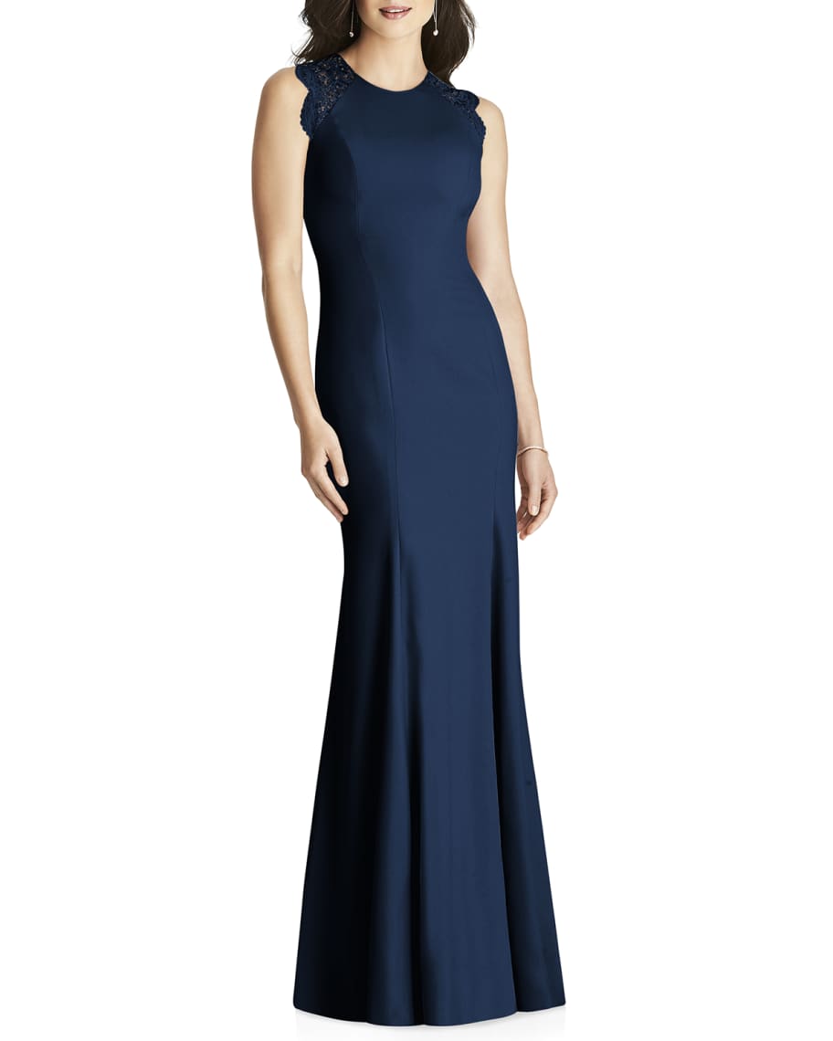 Dessy Collection Sleeveless Crepe Column Gown with Lace | Neiman Marcus