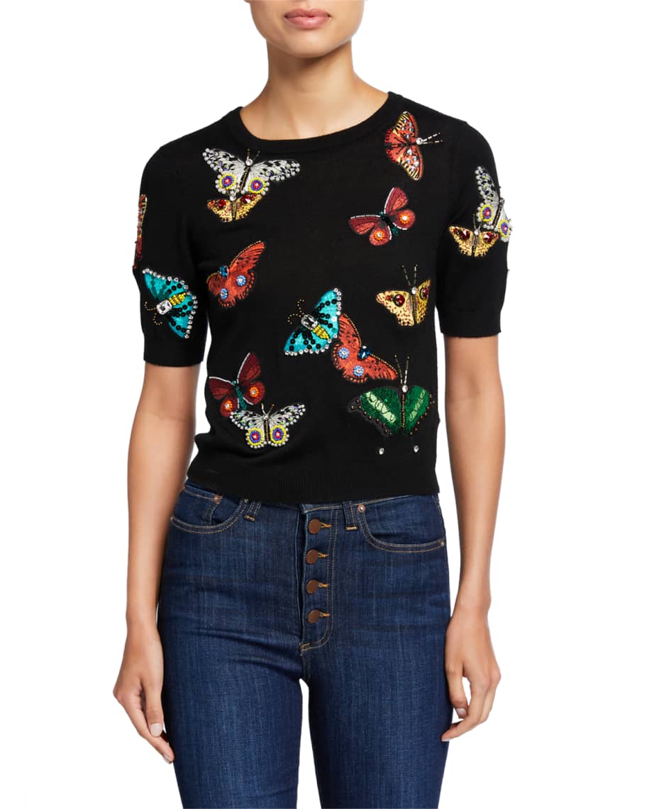 Alice + Olivia Ciara Butterfly-Embellished Short-Sleeve Sweater | Neiman  Marcus
