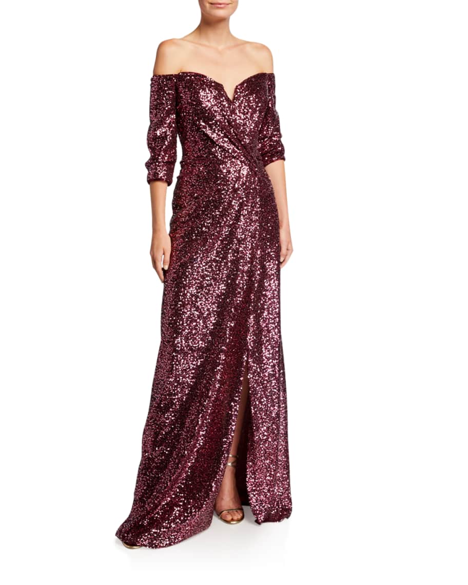 Rene Ruiz Collection Sequin Off-the-Shoulder 1/2-Sleeve Gown with Slit ...