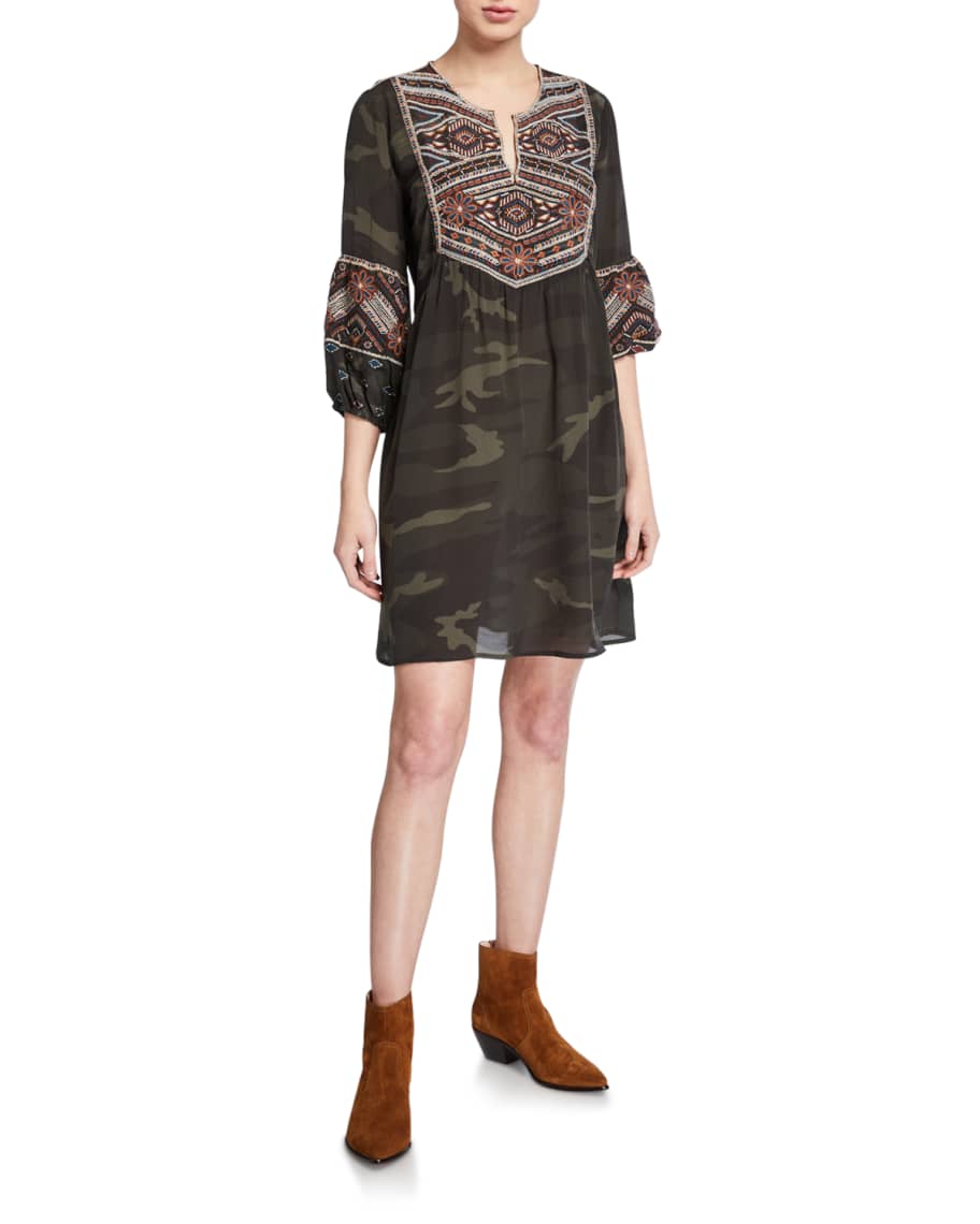 Johnny Was Molly Jo Paris Silk Camo Dress with Embroidery Neiman Marcus