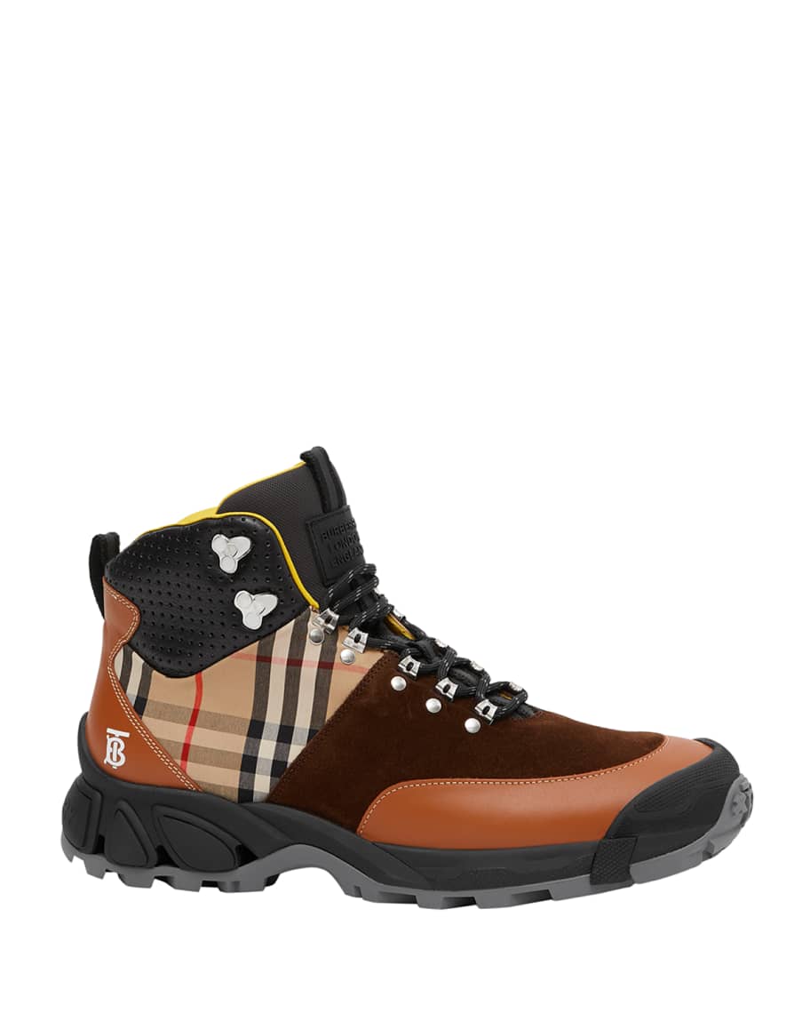 Burberry Men s Vintage Check Leather Hiking Boots Neiman Marcus