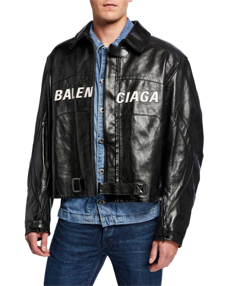 Balenciaga Men's Contrast Logo Leather Moto Jacket | Neiman